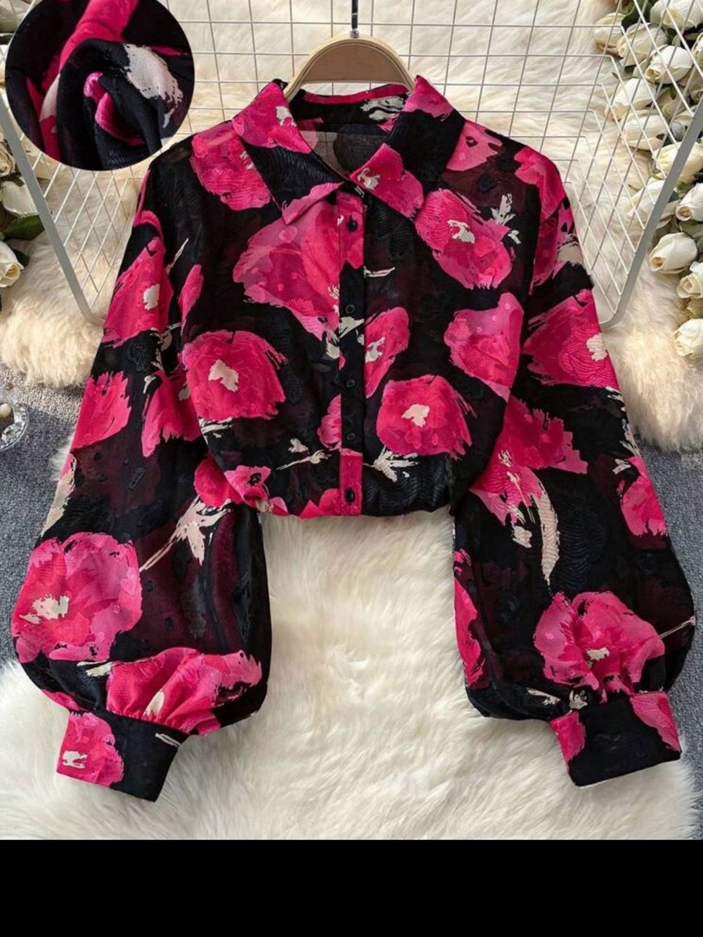 SHEIN Black Crop Bomber Jacket with Hot Pink Floral Print